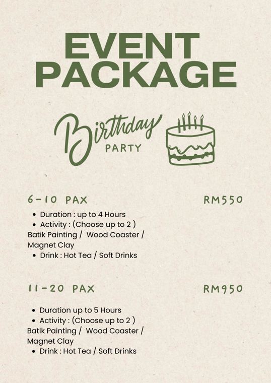 Birthday event package menu