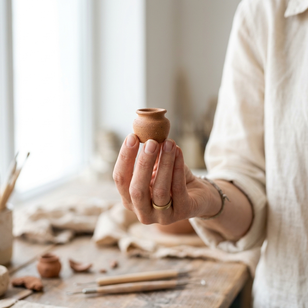 Female hand holding a tiny mini pottery piece at ArtRoots Studio