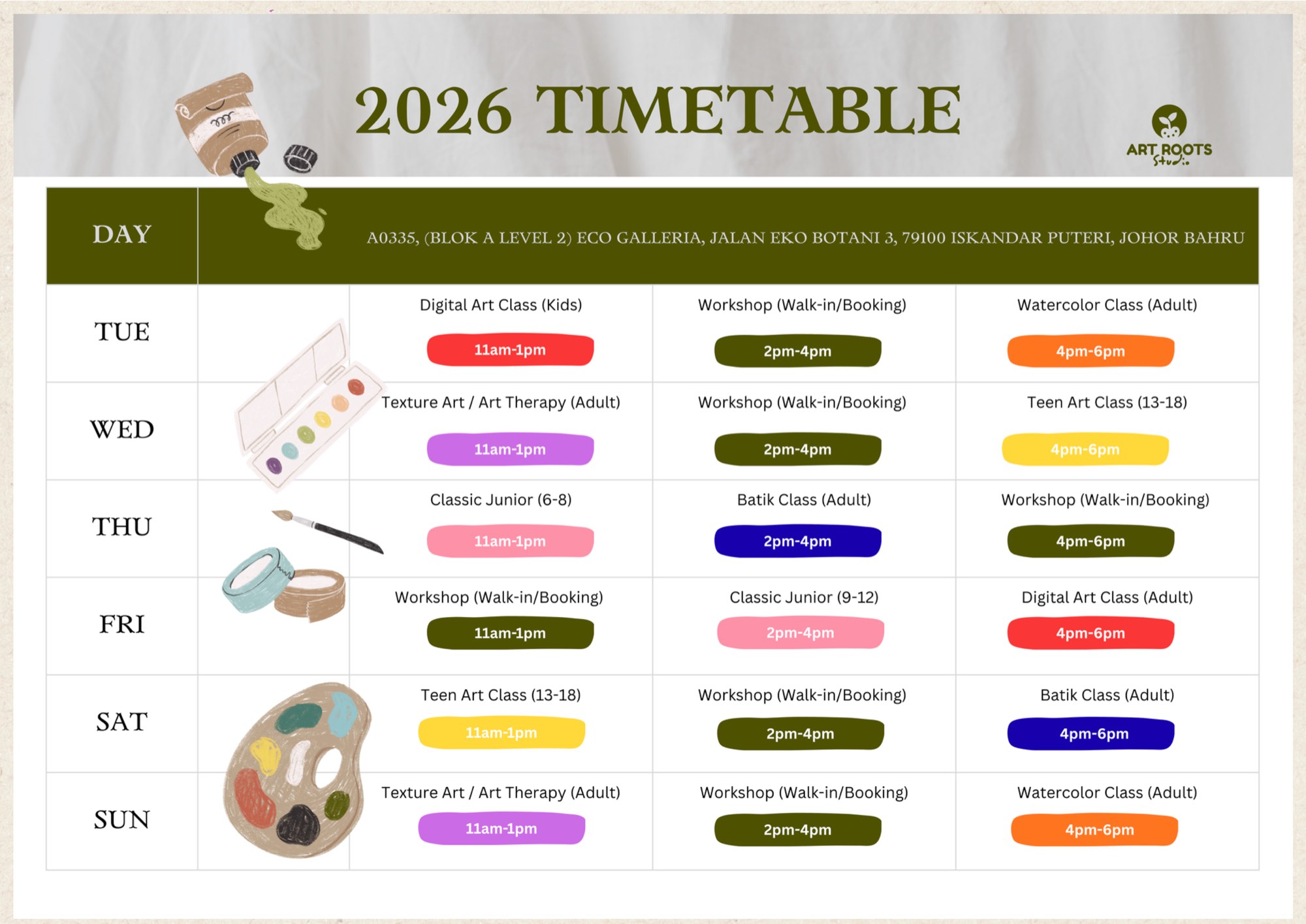 ArtRoots Studio 2026 class timetable